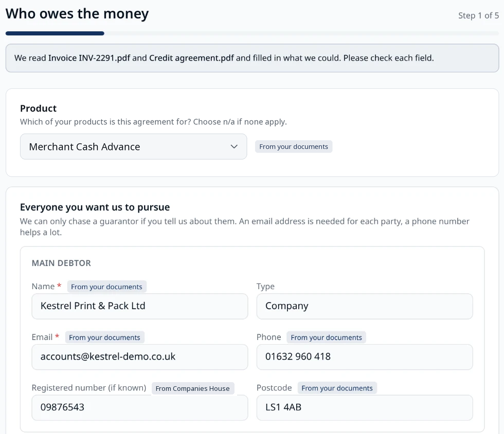 Refer a case screen with product and debtor details filled in automatically from uploaded documents