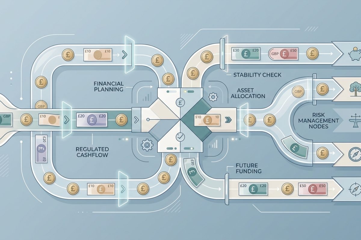 A graphic illustration showing British pound banknotes flowing through a series of financial checkpoints, symbolising efficient cashflow management during an economic downturn for SMEs.